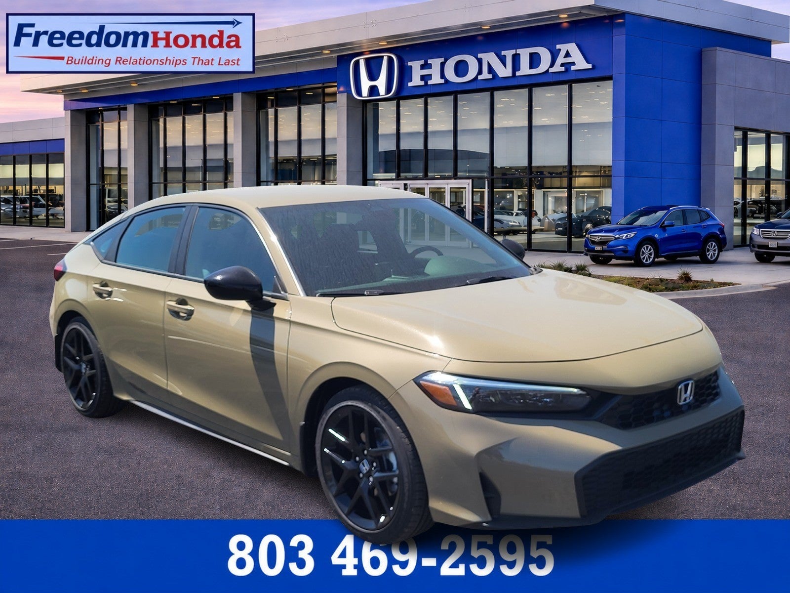 2026 Honda Civic Hatchback Sport in Sand Dune Pearl — front three-quarter view
